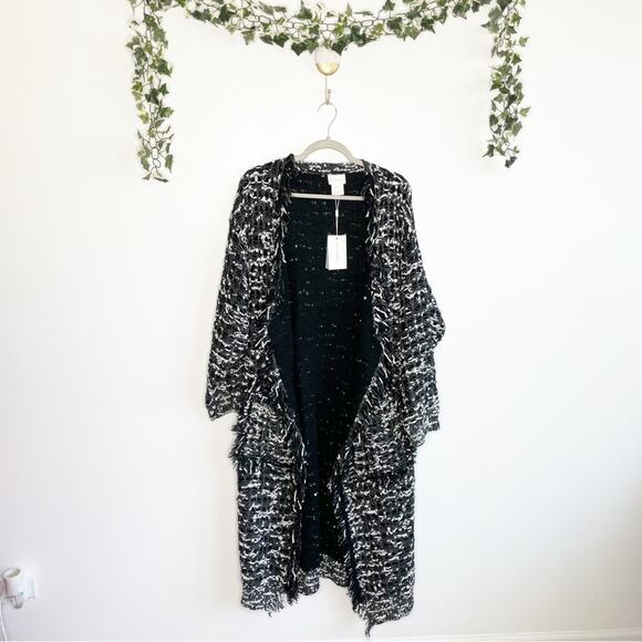 FOXIEDOX Black and White Knit Fringe Cardigan Size Large NWT - Picture 2 of 7